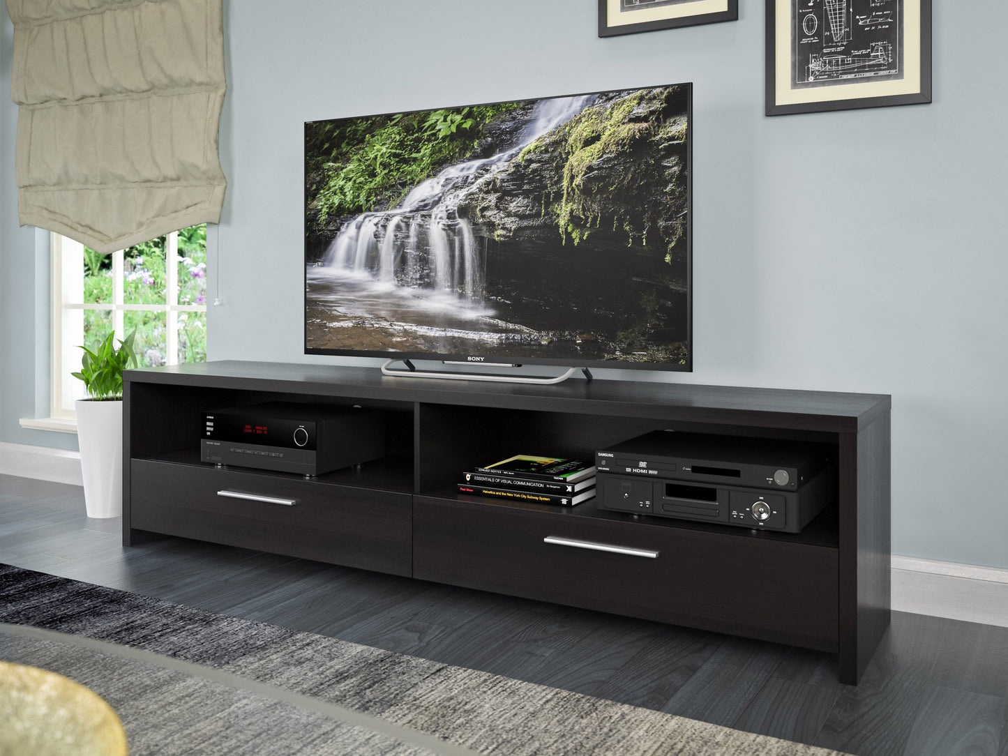 Black TV stand with sleek design, fits TVs up to 95 inches, featuring tempered glass shelves, cable management system, and sturdy metal frame for modern living rooms.