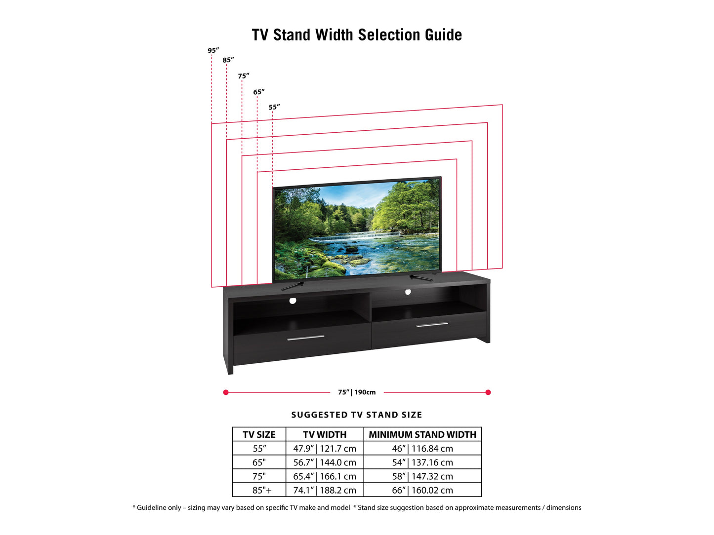 Black TV stand with sleek design, fits TVs up to 95 inches, featuring tempered glass shelves, cable management system, and sturdy metal frame for modern living rooms.