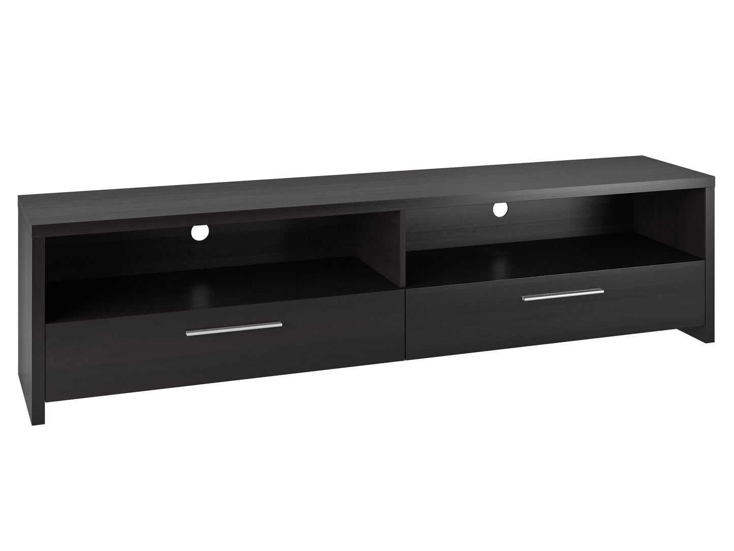 Black TV stand with sleek design, fits TVs up to 95 inches, featuring tempered glass shelves, cable management system, and sturdy metal frame for modern living rooms.