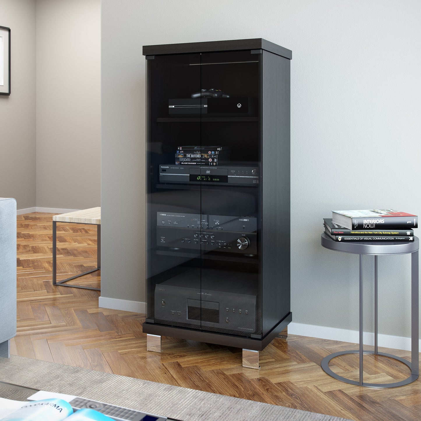 Modern media storage cabinet with doors, featuring a sleek black finish, minimalist design, and ample storage space, perfect for organizing electronics and media collections in a contemporary living room.