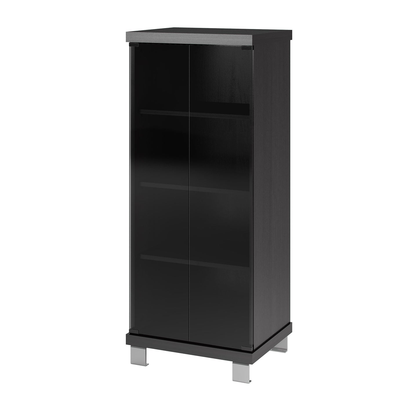 Dark brown media storage cabinet with sleek doors, adjustable shelves, and a modern design; perfect for organizing DVDs, books, and electronics in a contemporary living room or home office.