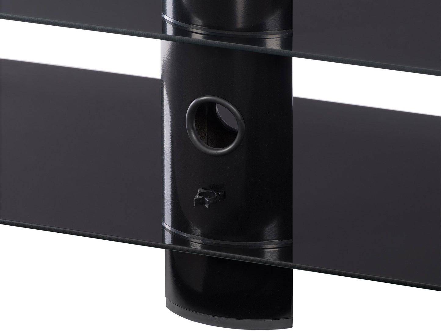 Black glass TV stand with chrome legs, suitable for TVs up to 65 inches. Features three tempered glass shelves for storage, sleek modern design, and sturdy construction ideal for living rooms and entertainment centers.