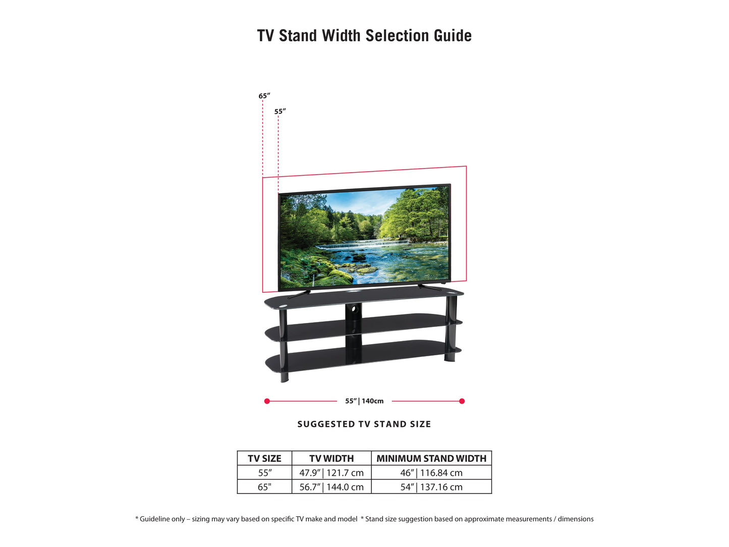 Black and glass TV stand with three tempered glass shelves, sleek chrome legs, and cable management system, designed to support TVs up to 65 inches.