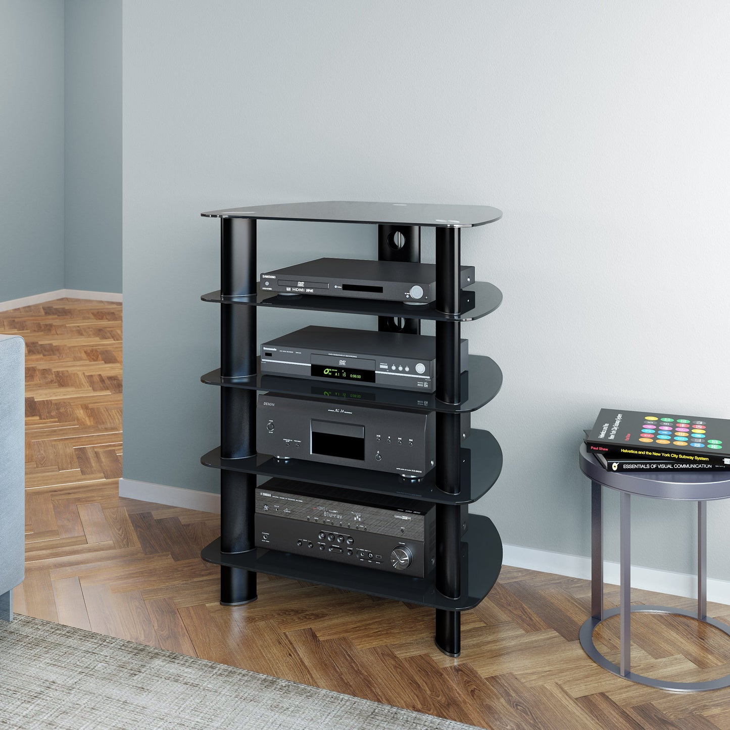 Tall media storage tower with dark wood finish, multiple shelves, and sleek modern design, perfect for organizing DVDs, books, and electronics in living rooms or home offices.