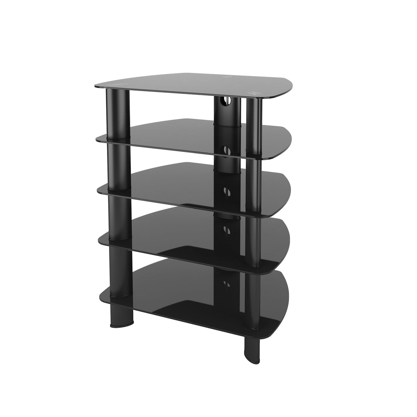 Modern media storage tower with a sleek black finish, featuring multiple adjustable shelves and a sturdy wooden frame, ideal for organizing DVDs, Blu-rays, and video games in a compact, stylish design.