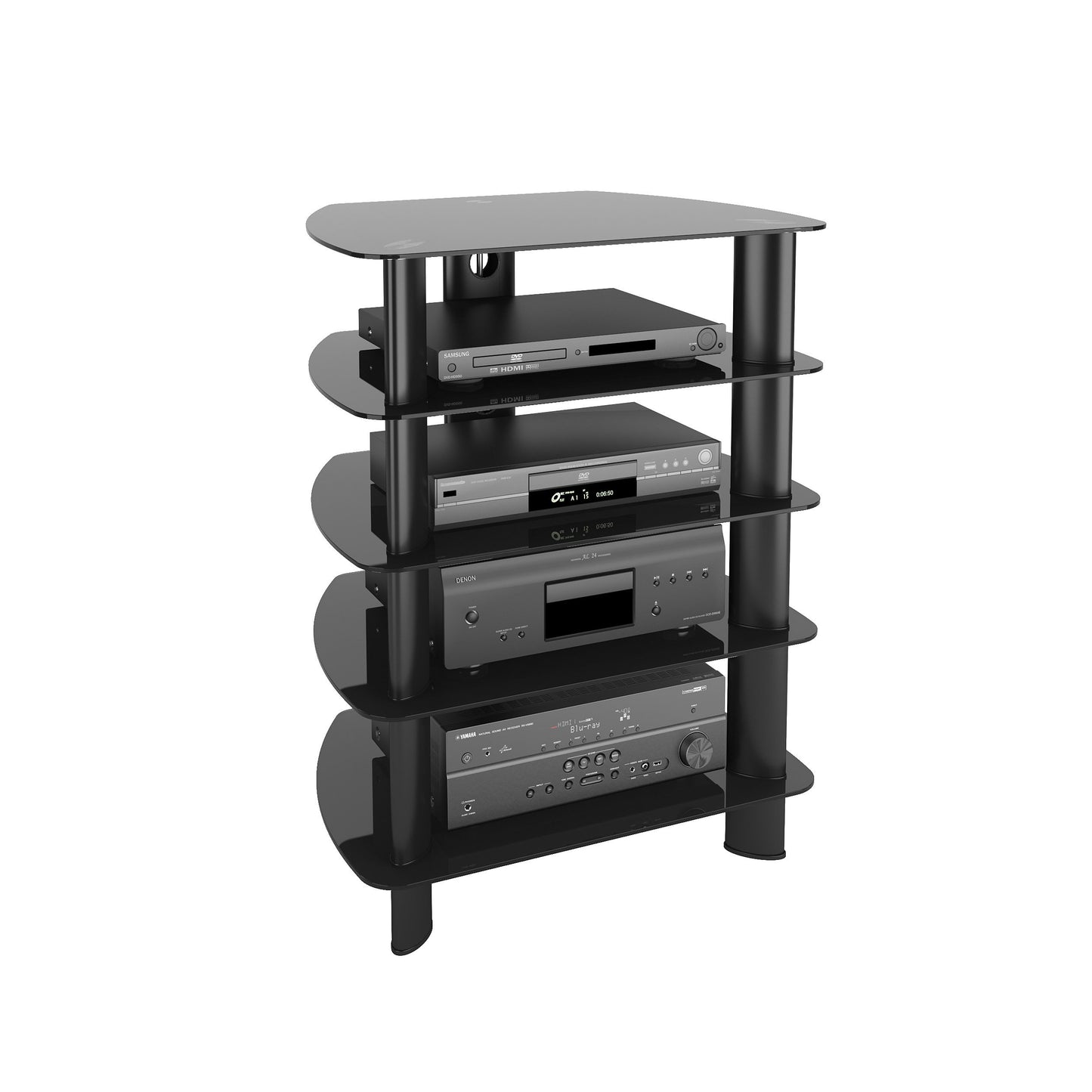 Dark wood media storage tower with adjustable shelves, sleek design, and ample space for DVDs, Blu-rays, and games. Perfect for organizing media collections in living rooms or entertainment centers.