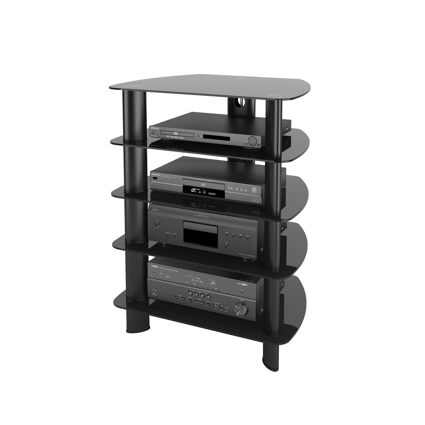 Modern media storage tower with sleek black finish, multiple adjustable shelves, and sturdy metal frame. Ideal for organizing DVDs, books, and electronics in a contemporary home or office setting.