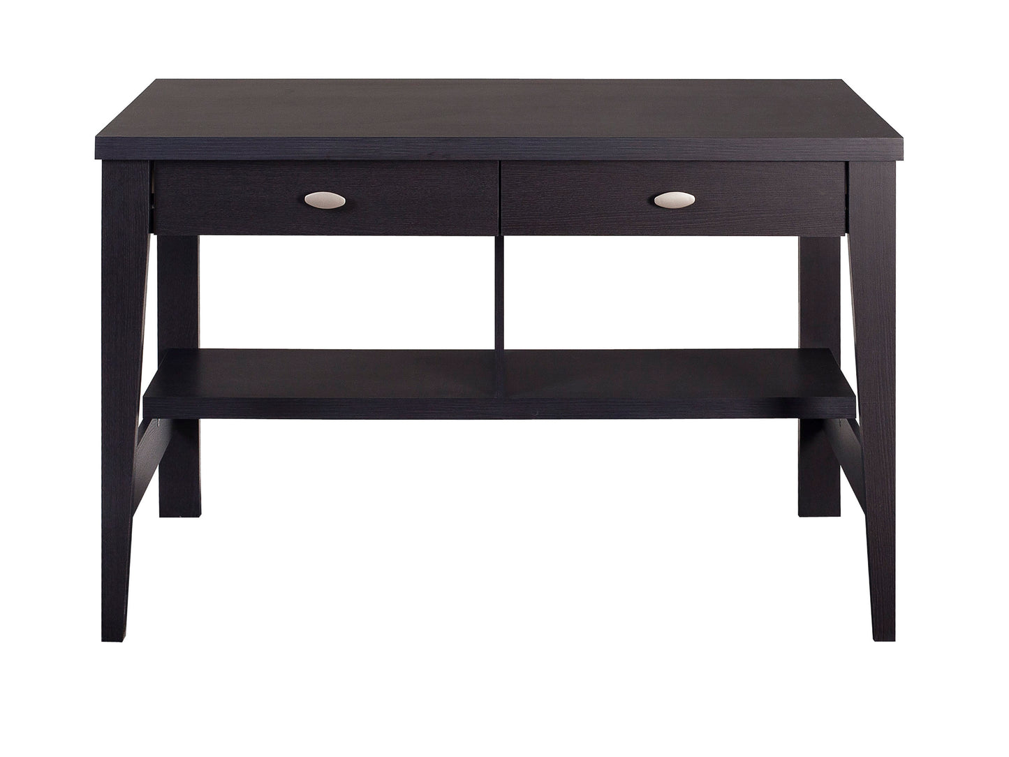 Dark wood desk with sleek design, featuring a smooth rectangular surface, sturdy metal legs, and a minimalist style. Ideal for home office or study, blending functionality and modern aesthetics.