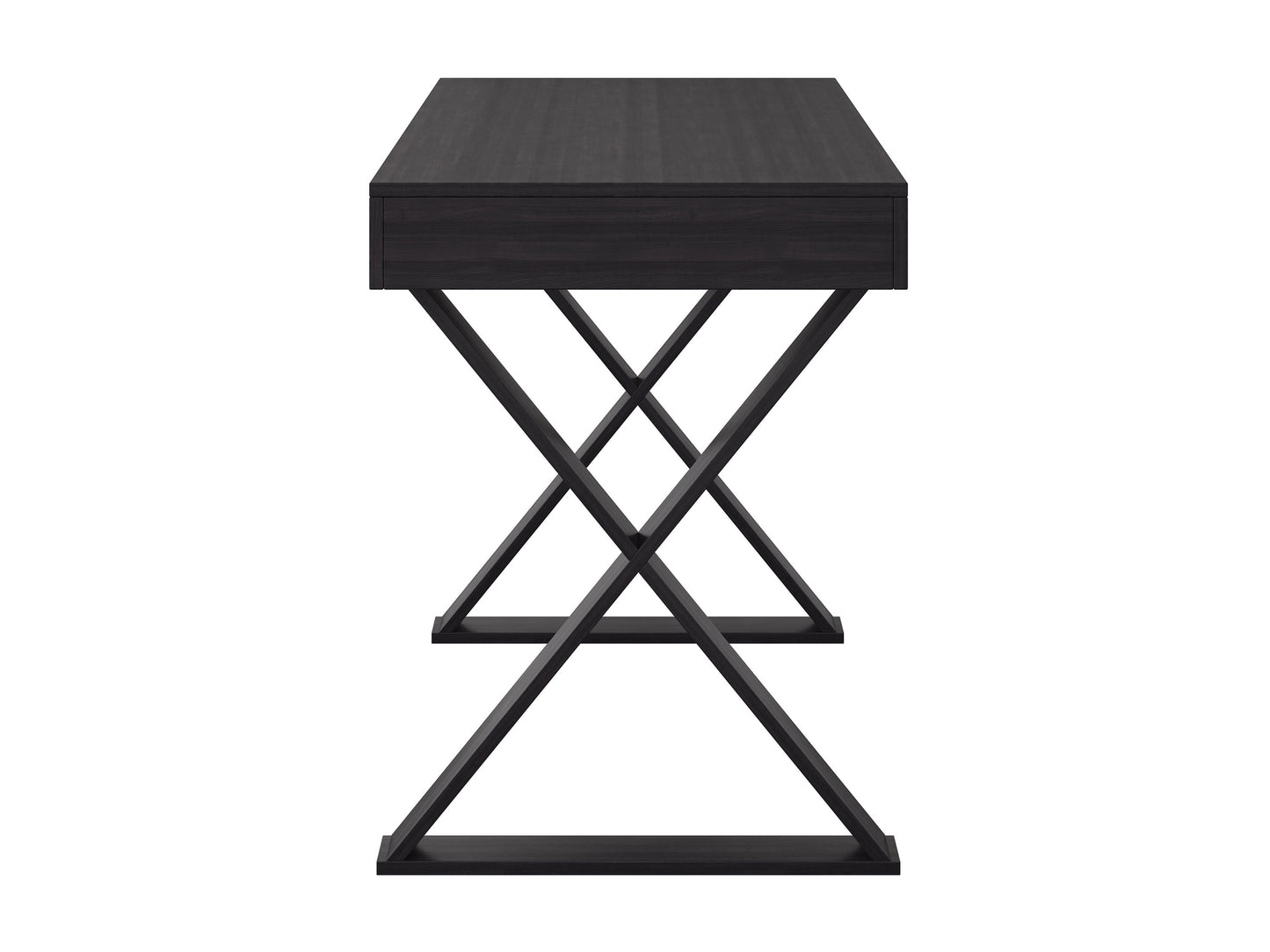 Rustic farmhouse desk with distressed wood finish, sturdy metal legs, spacious tabletop, and built-in storage drawers. Perfect for home office or study.