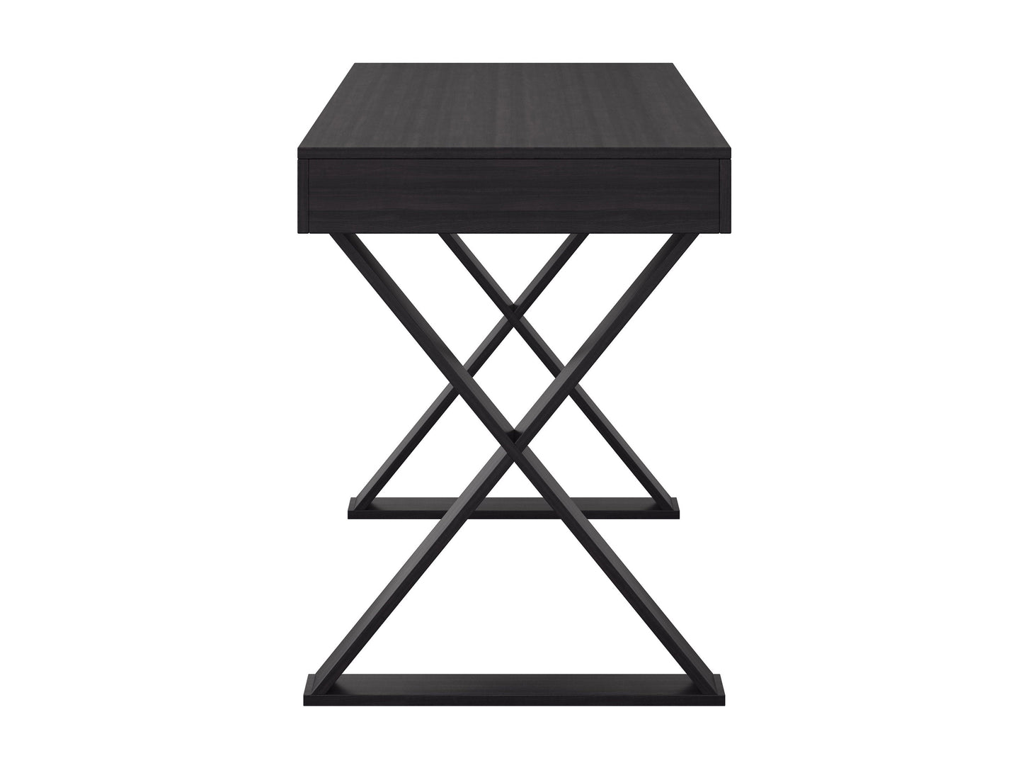 Rustic farmhouse desk with natural wood finish, sturdy metal legs, two spacious drawers, and a smooth, textured surface; ideal for home office or study.