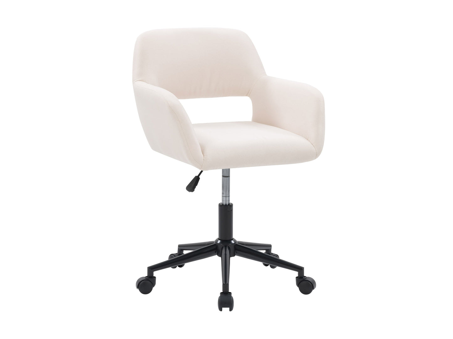 Alt Tag: Off-white task chair with open back, ergonomic design, cushioned seat, and adjustable height, perfect for office use.