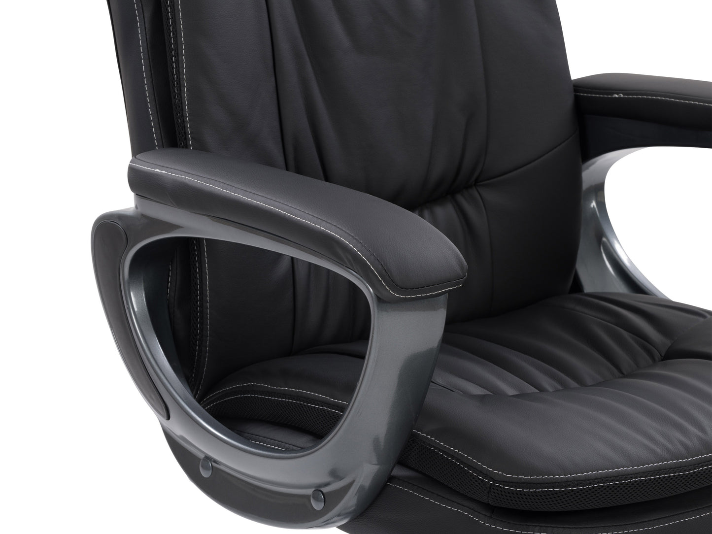Cream office chair with ergonomic design, padded seat, and backrest, featuring sleek chrome armrests and a five-star base with casters for easy mobility.