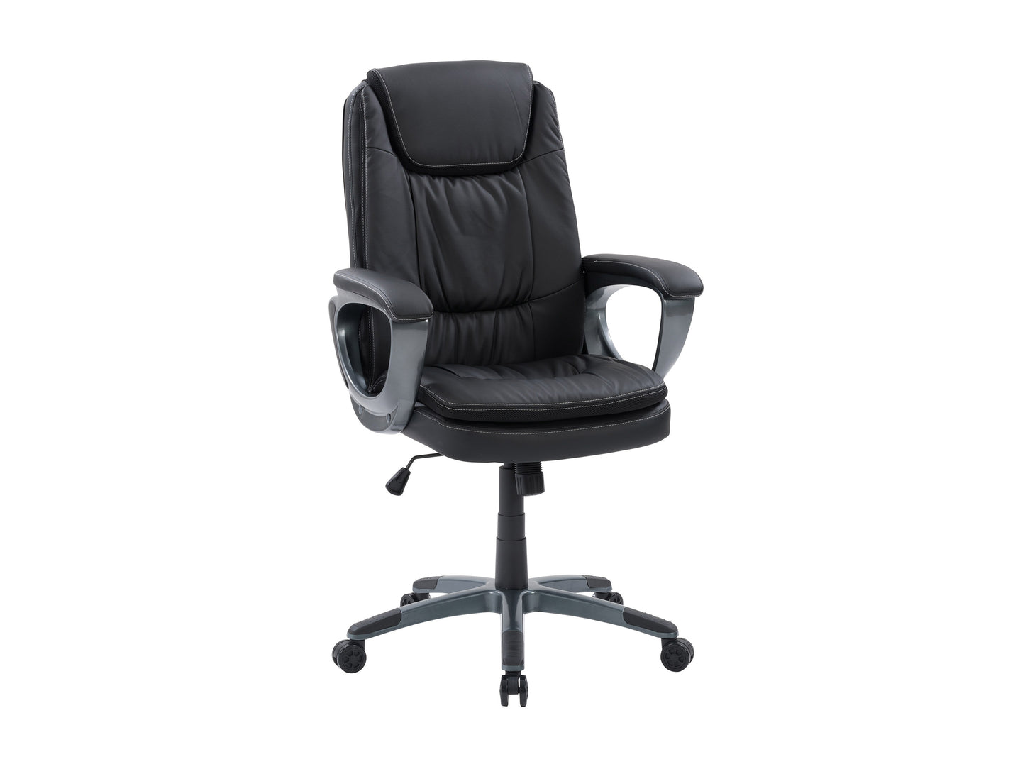 Cream office chair with a high back, padded seat, and armrests, featuring a sleek chrome base and adjustable height lever. The chair is upholstered in soft, textured cream fabric, perfect for a modern home office.