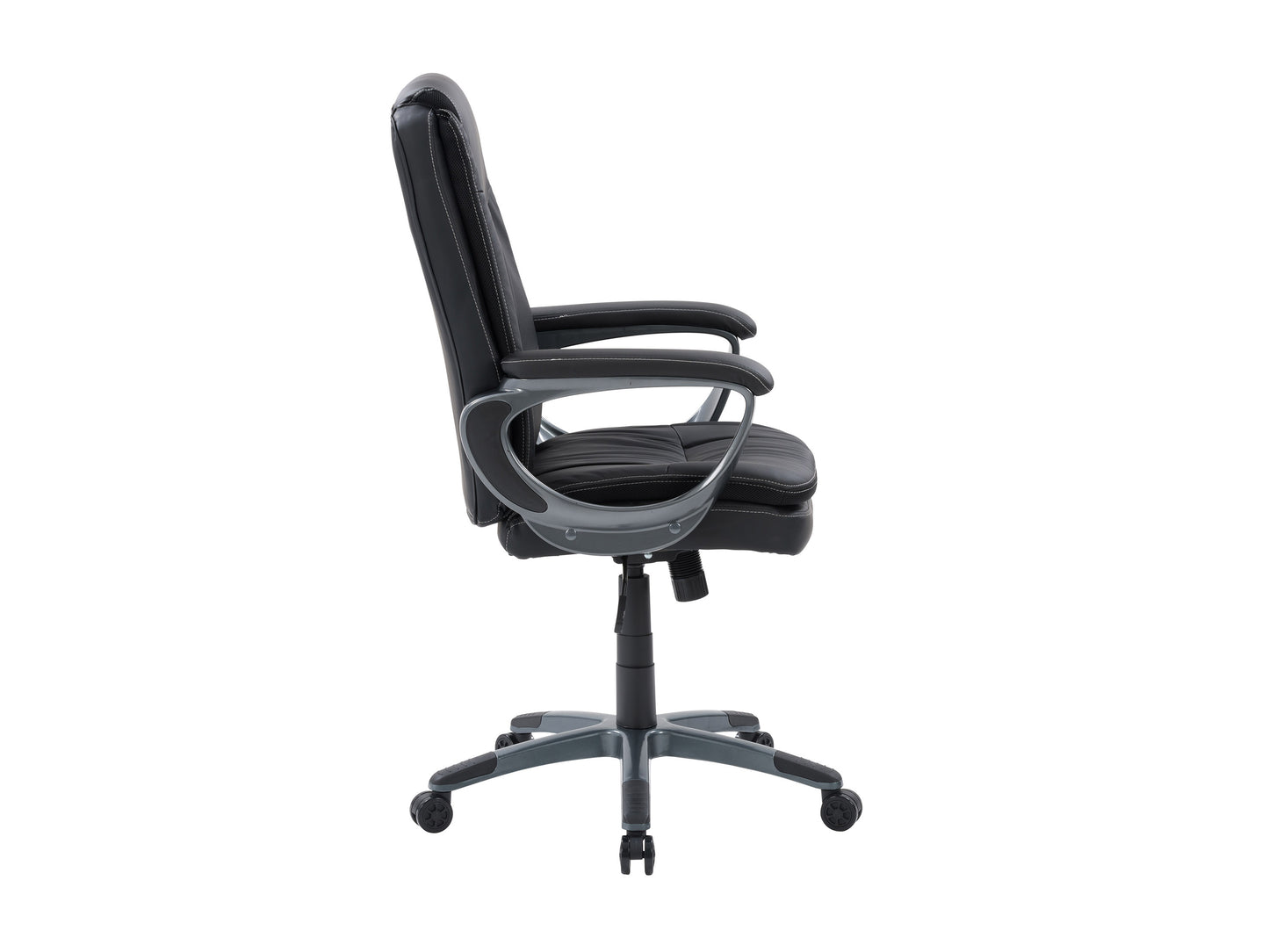 Cream office chair with a high back, tufted upholstery, and chrome base; features smooth leather texture and adjustable height for ergonomic support in modern workspaces.