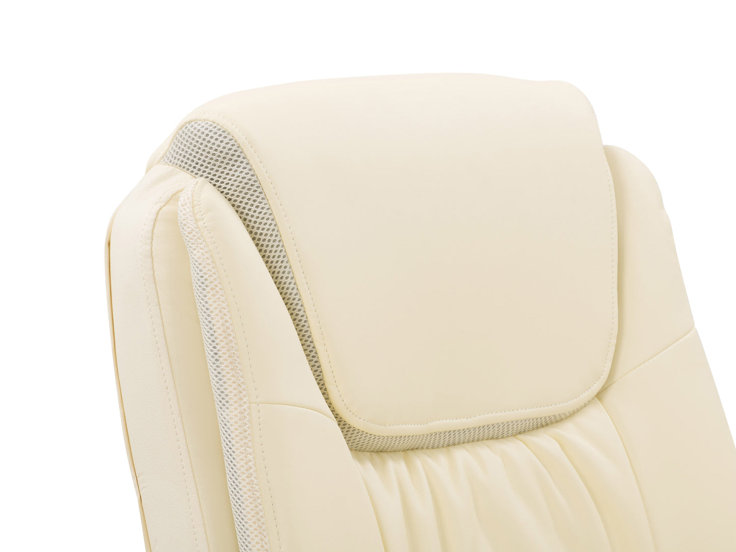 Cream office chair with padded seat and backrest, chrome metal base, and five caster wheels. Features adjustable height and ergonomic design, upholstered in soft cream fabric for comfort and style.