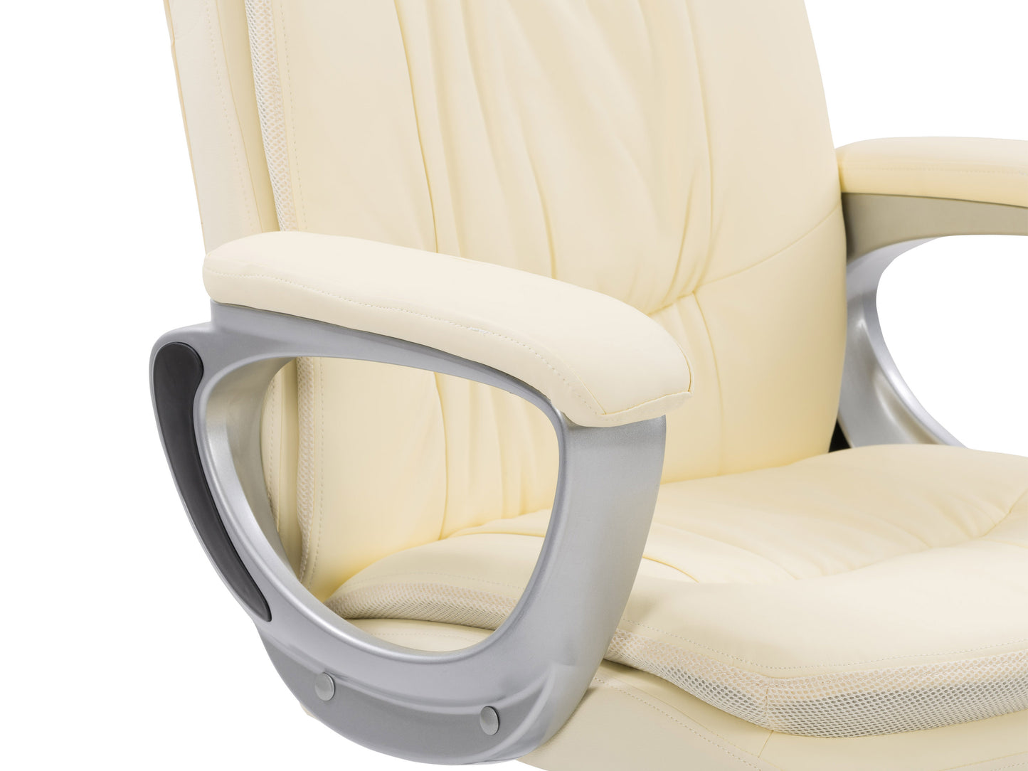 Cream office chair with ergonomic design, adjustable height, and cushioned seat, featuring a sleek chrome base, soft fabric upholstery, and curved backrest for lumbar support.