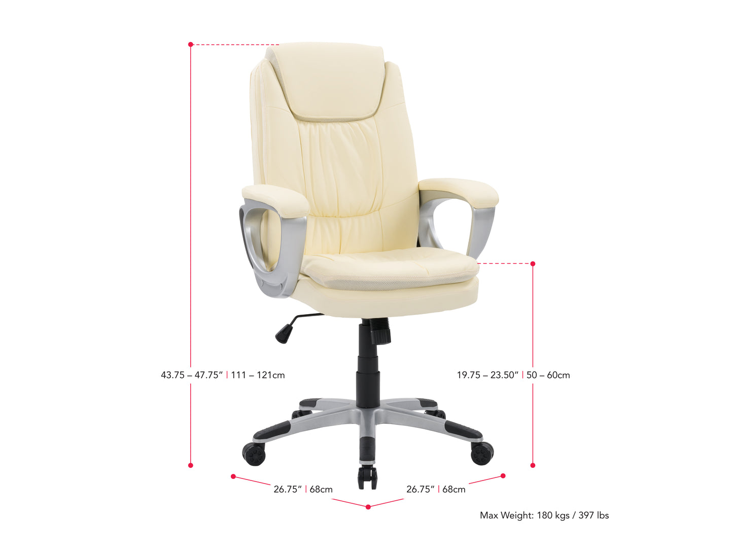 Cream office chair with cushioned seat and backrest, chrome base, and five caster wheels designed for ergonomic support and modern office aesthetics.