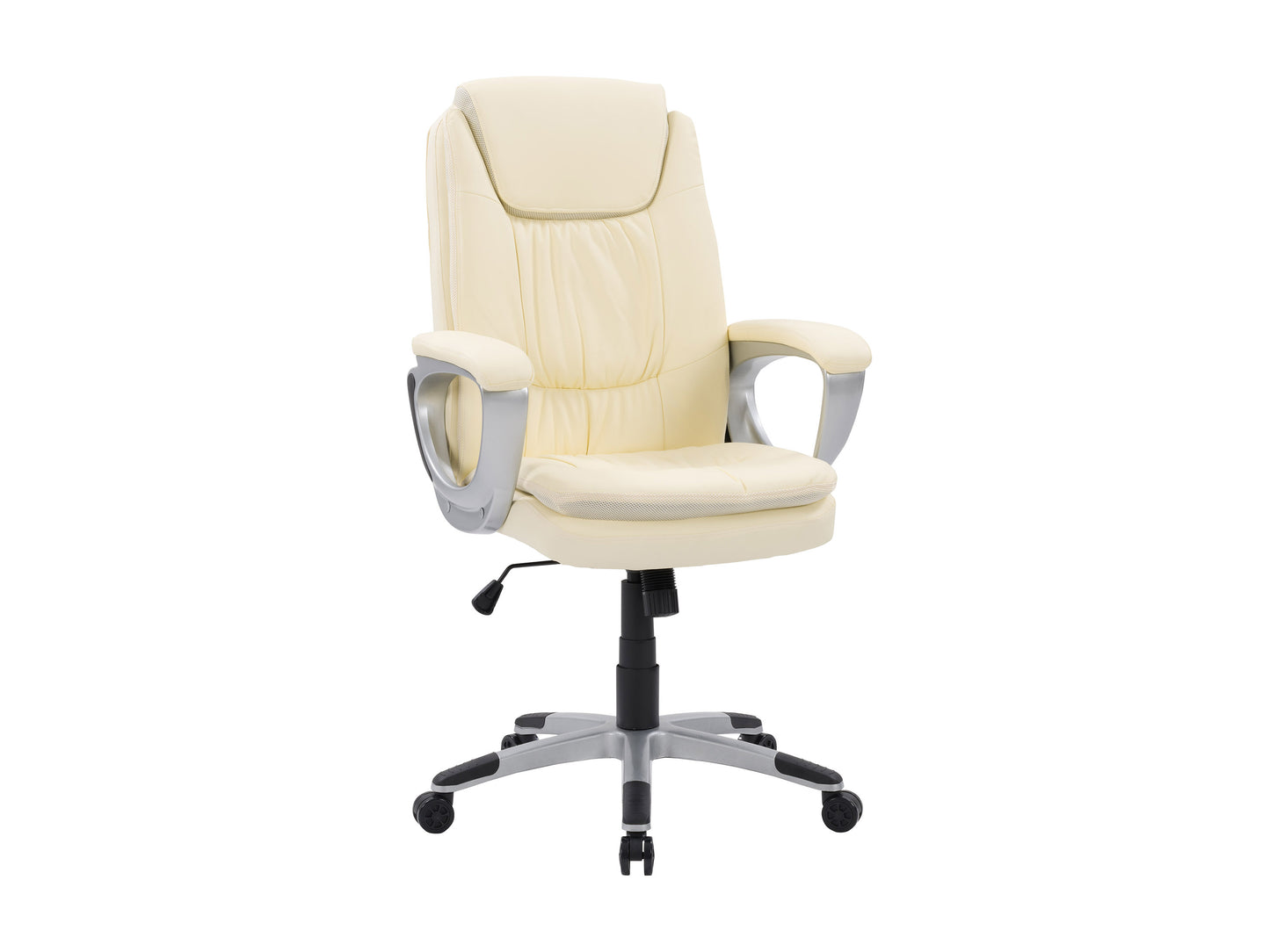 Cream office chair with padded seat, adjustable height, and ergonomic design, featuring a chrome base and caster wheels for easy mobility, perfect for modern home offices or workspaces.