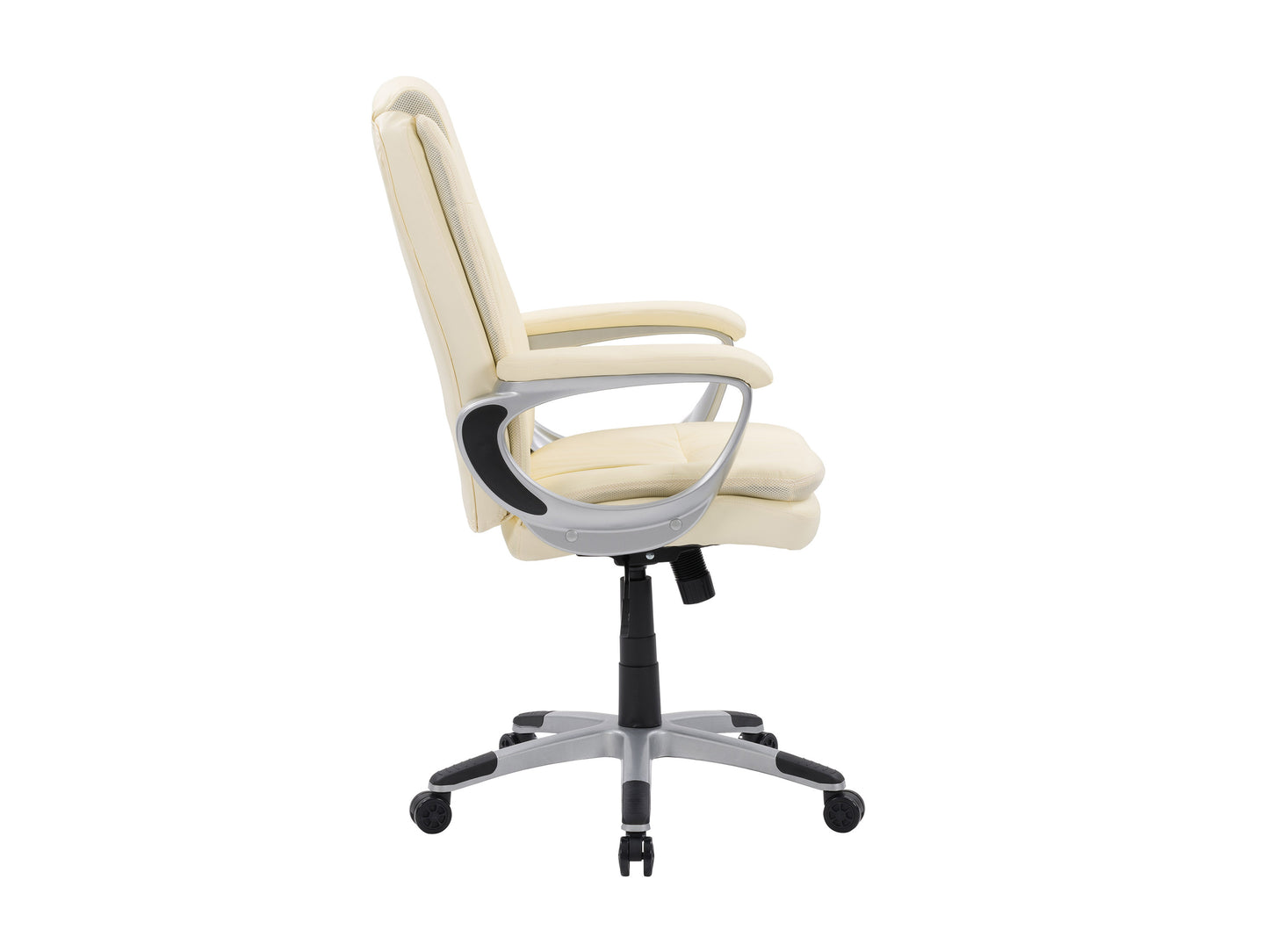 Cream office chair with cushioned seat and backrest, featuring sleek chrome armrests and base, adjustable height, and smooth-rolling casters, perfect for modern home office setups.