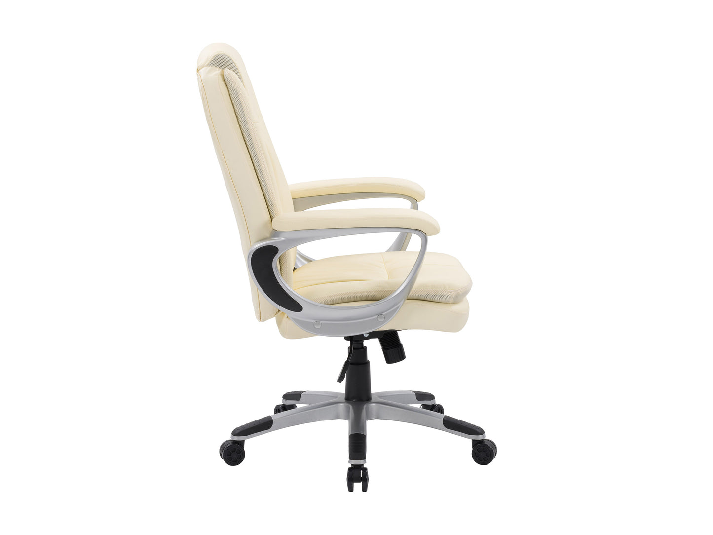Cream office chair with padded seat, ergonomic design, and chrome base; features adjustable height and swivel function for modern home or office workspace.