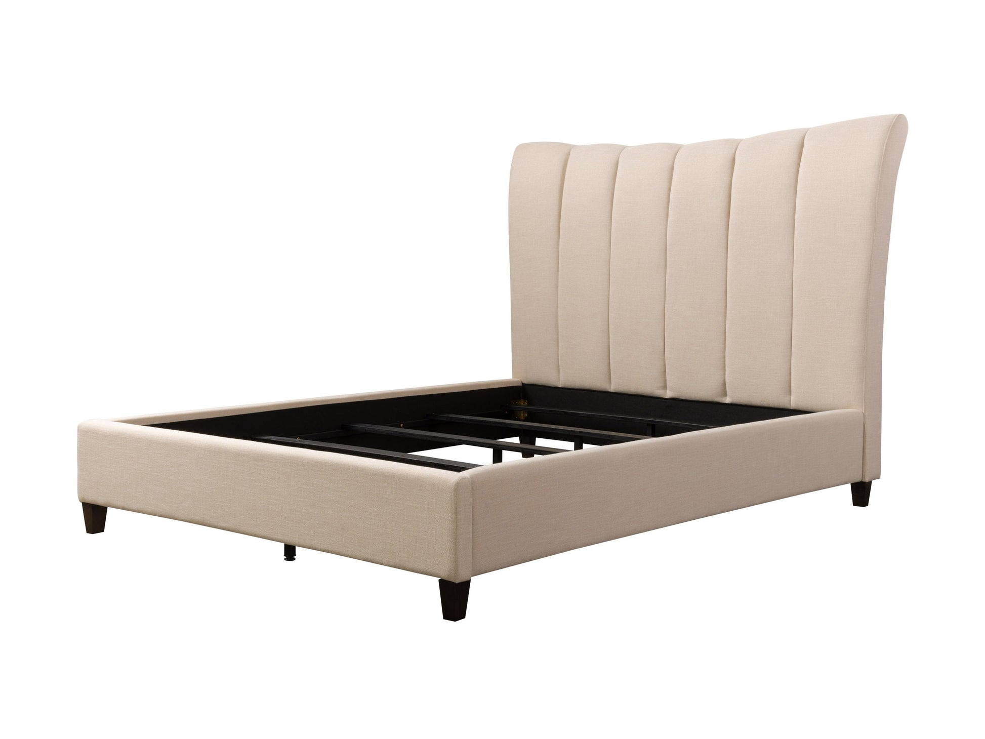 Cream channel tufted double/full bed with plush upholstery, sleek wooden legs, and elegant vertical stitching. Perfect for modern bedrooms seeking a blend of comfort and sophistication.