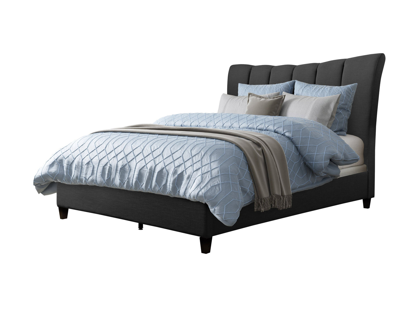 Dark grey channel tufted double/full bed with plush upholstery, sleek modern design, and sturdy wooden legs. Ideal for contemporary bedrooms seeking a blend of comfort and style.