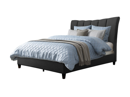 Dark grey channel tufted queen bed with plush velvet upholstery, sleek low-profile design, and sturdy wooden frame. Ideal for modern bedrooms seeking stylish, comfortable, and durable furniture.