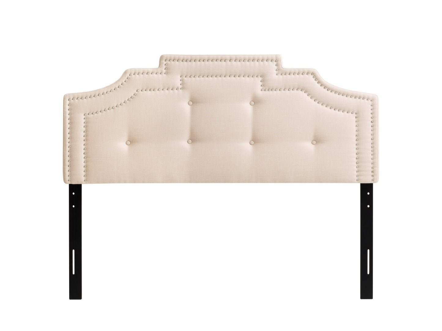 Cream padded queen headboard with tufted design, soft fabric upholstery, and elegant stitching detail, perfect for adding a touch of luxury and comfort to your bedroom decor.