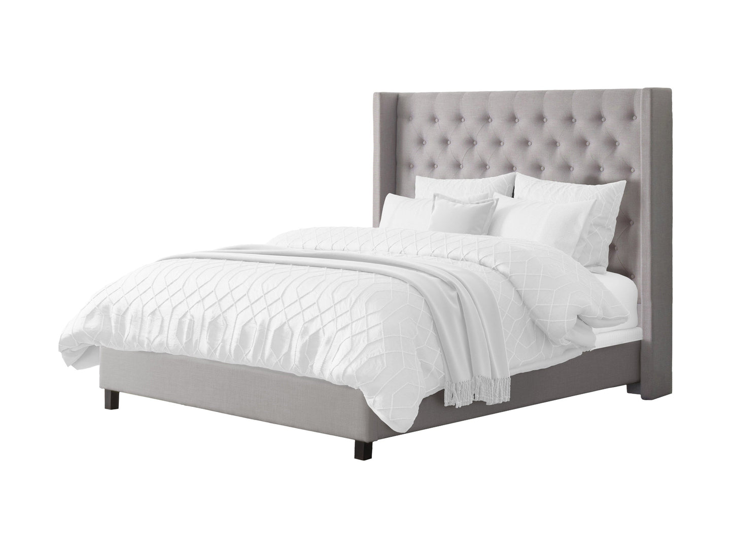 Tufted king bed with slats in grey fabric, featuring a plush, button-tufted headboard, wooden frame, and sturdy slats for mattress support. Ideal for modern bedrooms seeking a stylish and comfortable centerpiece.