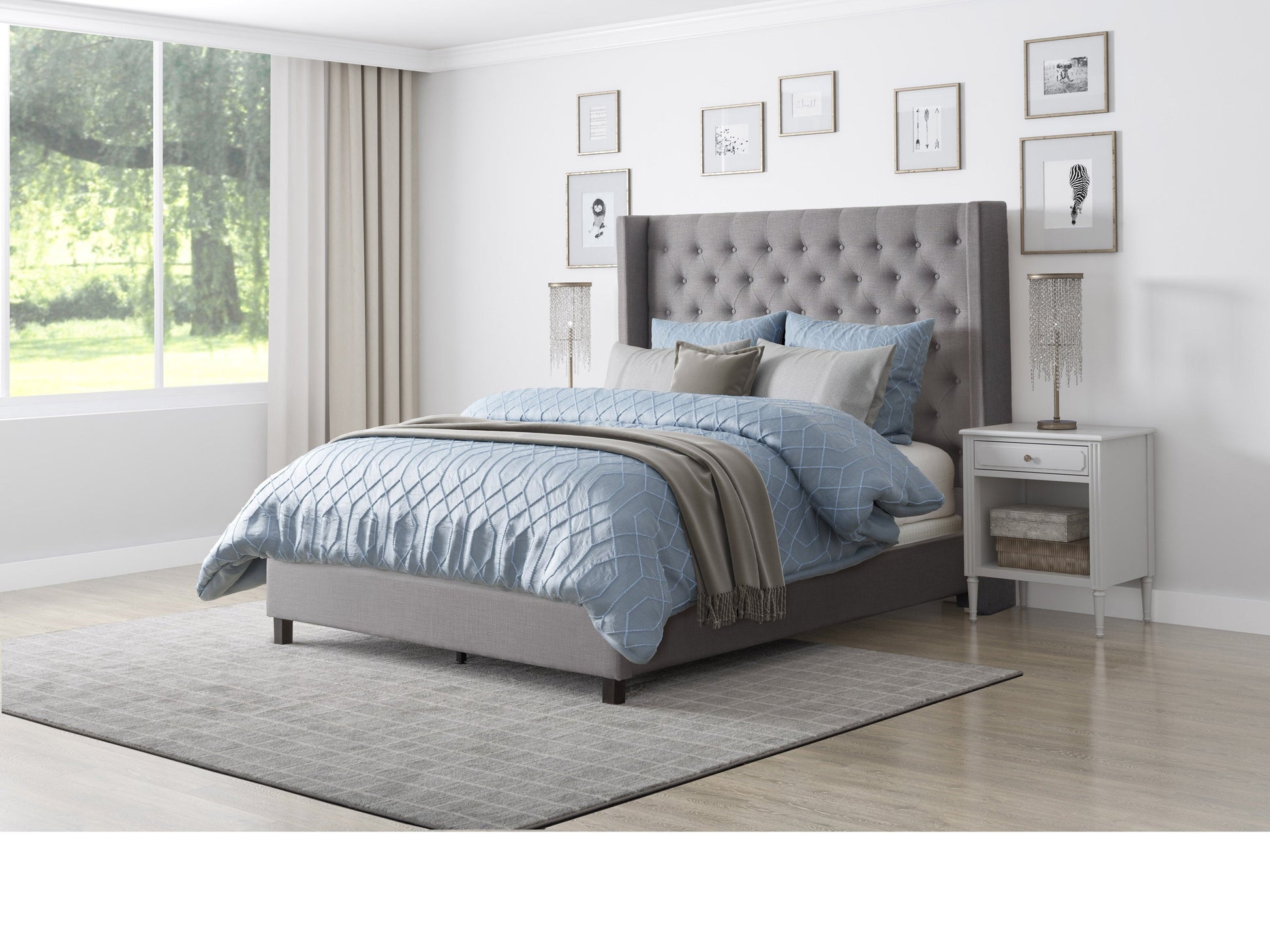 Grey tufted queen bed with slats, featuring a plush upholstered headboard and sturdy wooden frame. Ideal for modern and contemporary bedrooms, offering comfort and style.