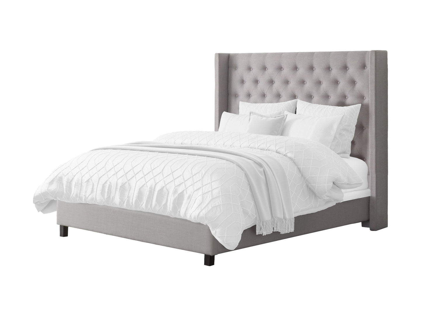 Grey tufted queen bed with slats, featuring a plush upholstered headboard and sturdy wooden frame. Ideal for modern and contemporary bedrooms, offering comfort and style.