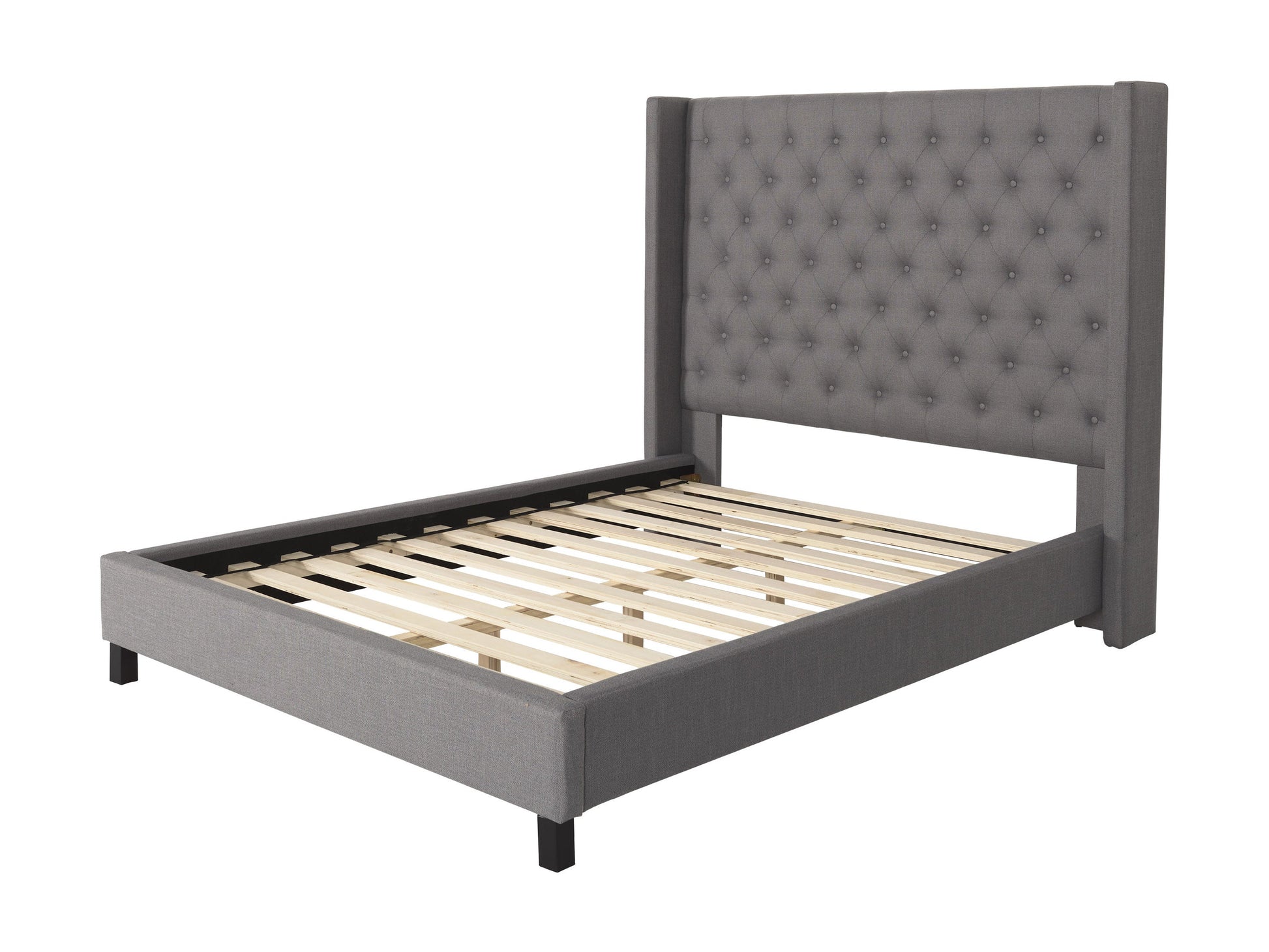 Grey tufted queen bed with slats, featuring a plush upholstered headboard and sturdy wooden frame. Ideal for modern and contemporary bedrooms, offering comfort and style.