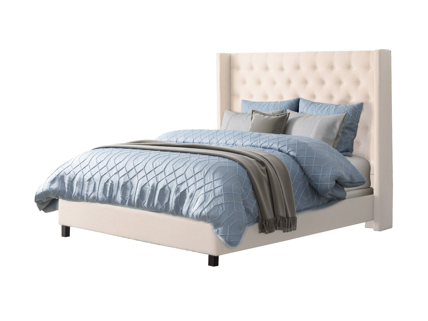 Cream tufted queen bed with elegant button detailing, upholstered in soft fabric, featuring a sturdy wooden frame and plush headboard, ideal for luxurious bedroom decor.