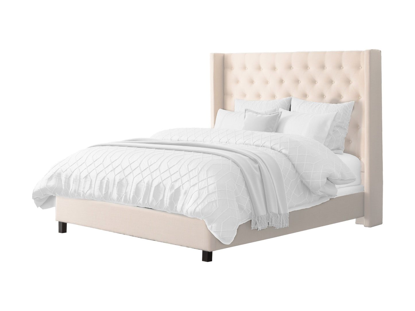 Cream tufted king bed with slats, featuring a plush upholstered headboard, elegant button detailing, and sturdy wooden frame. Perfect for modern and classic bedroom decor.