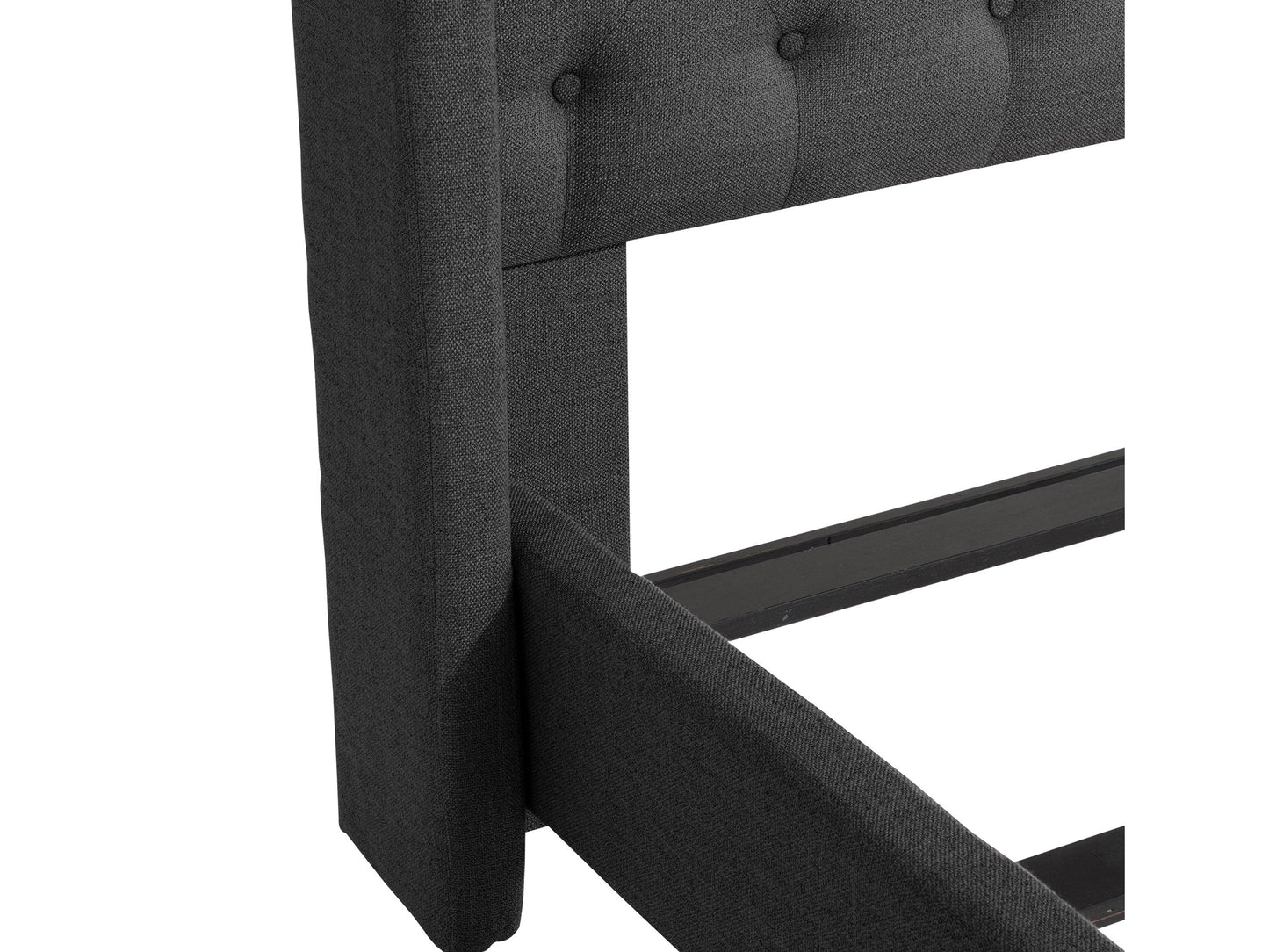 Dark grey tufted king bed with elegant button detailing on the headboard, upholstered in soft fabric. Sturdy wooden frame with sleek, modern design perfect for a contemporary bedroom.