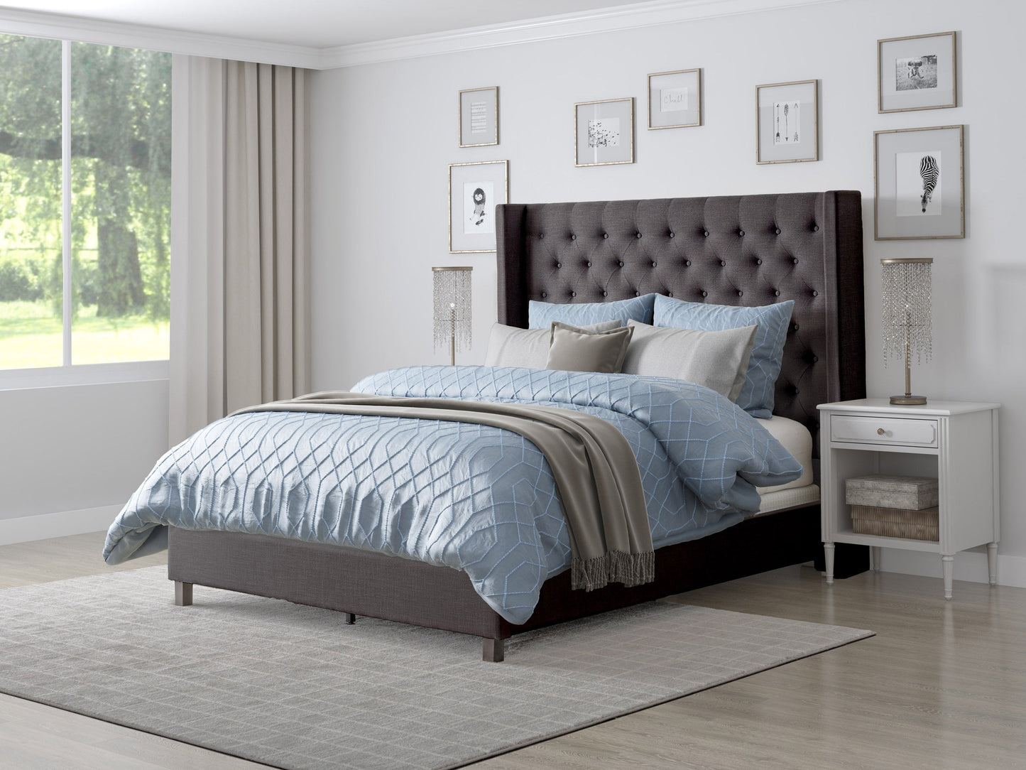 Dark grey tufted king bed with elegant button detailing on the headboard, upholstered in soft fabric. Sturdy wooden frame with sleek, modern design perfect for a contemporary bedroom.