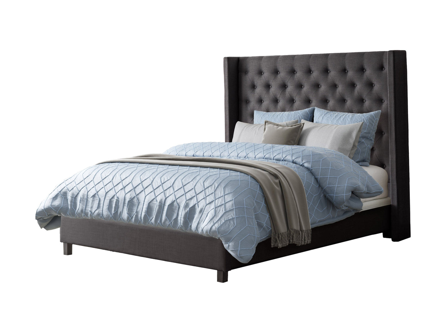 Dark grey tufted queen bed with plush upholstery, featuring a high, button-tufted headboard and sturdy wooden legs, perfect for modern bedroom decor.