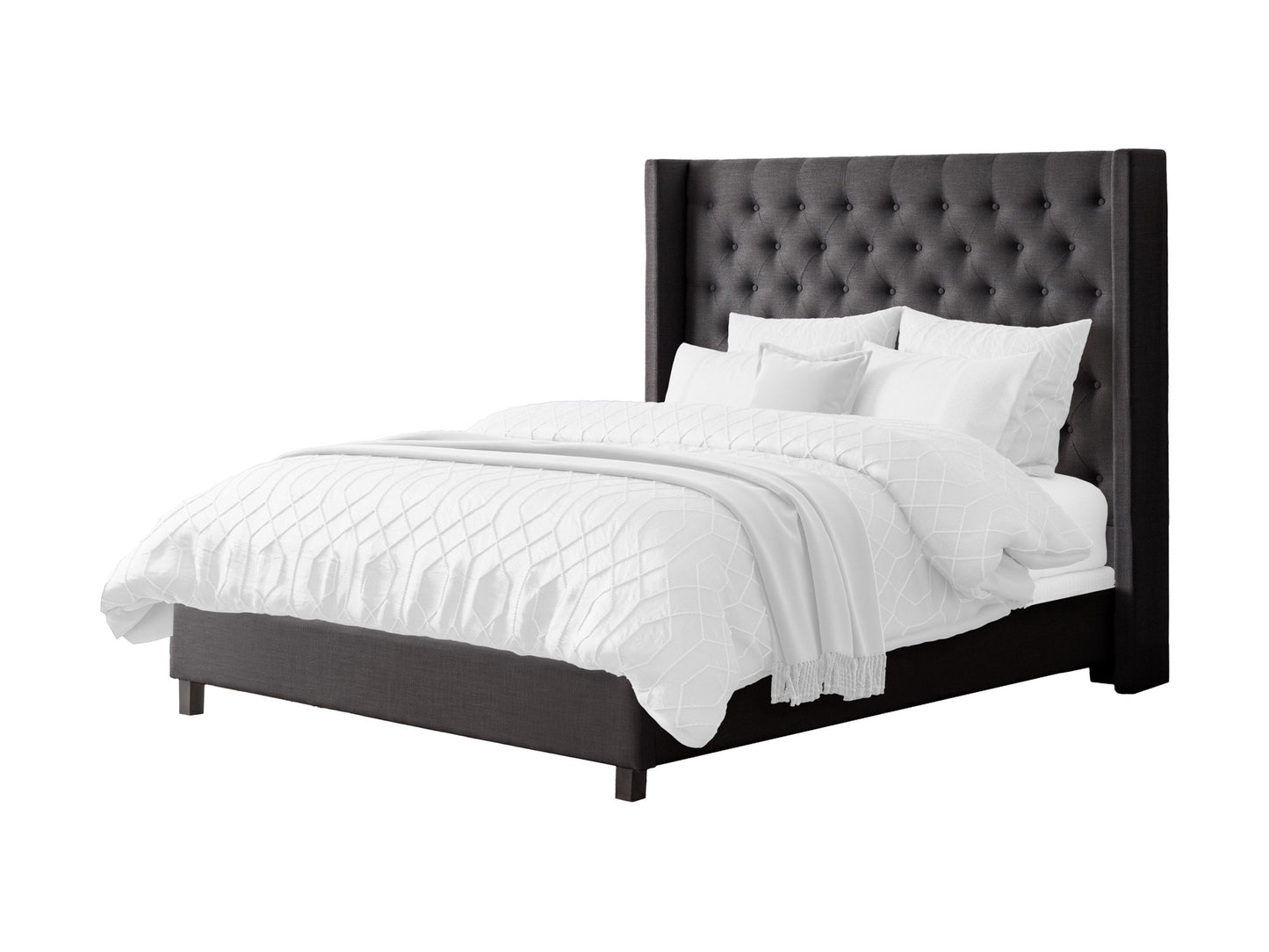 Dark grey tufted king bed with slats, featuring a high padded headboard, durable fabric upholstery, and wooden legs. Perfect for modern bedrooms seeking a blend of comfort and contemporary style.