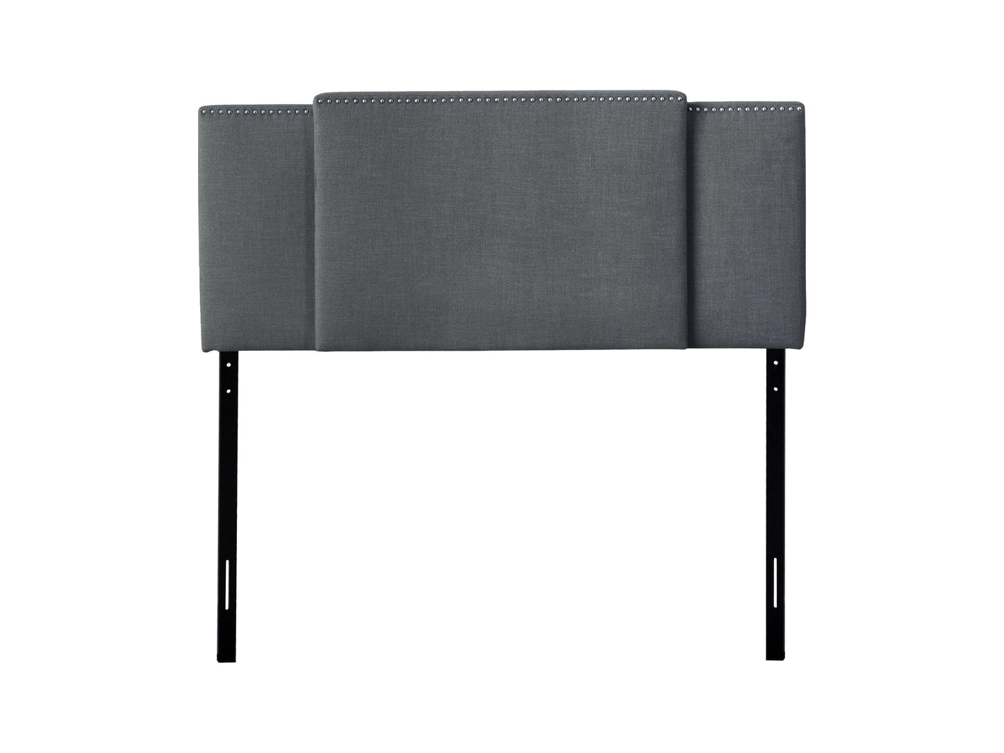 Dark grey adjustable headboard with tufted upholstery, sleek design, and soft fabric texture, suitable for queen and king size beds. Ideal for modern bedroom decor, offering customizable height settings.