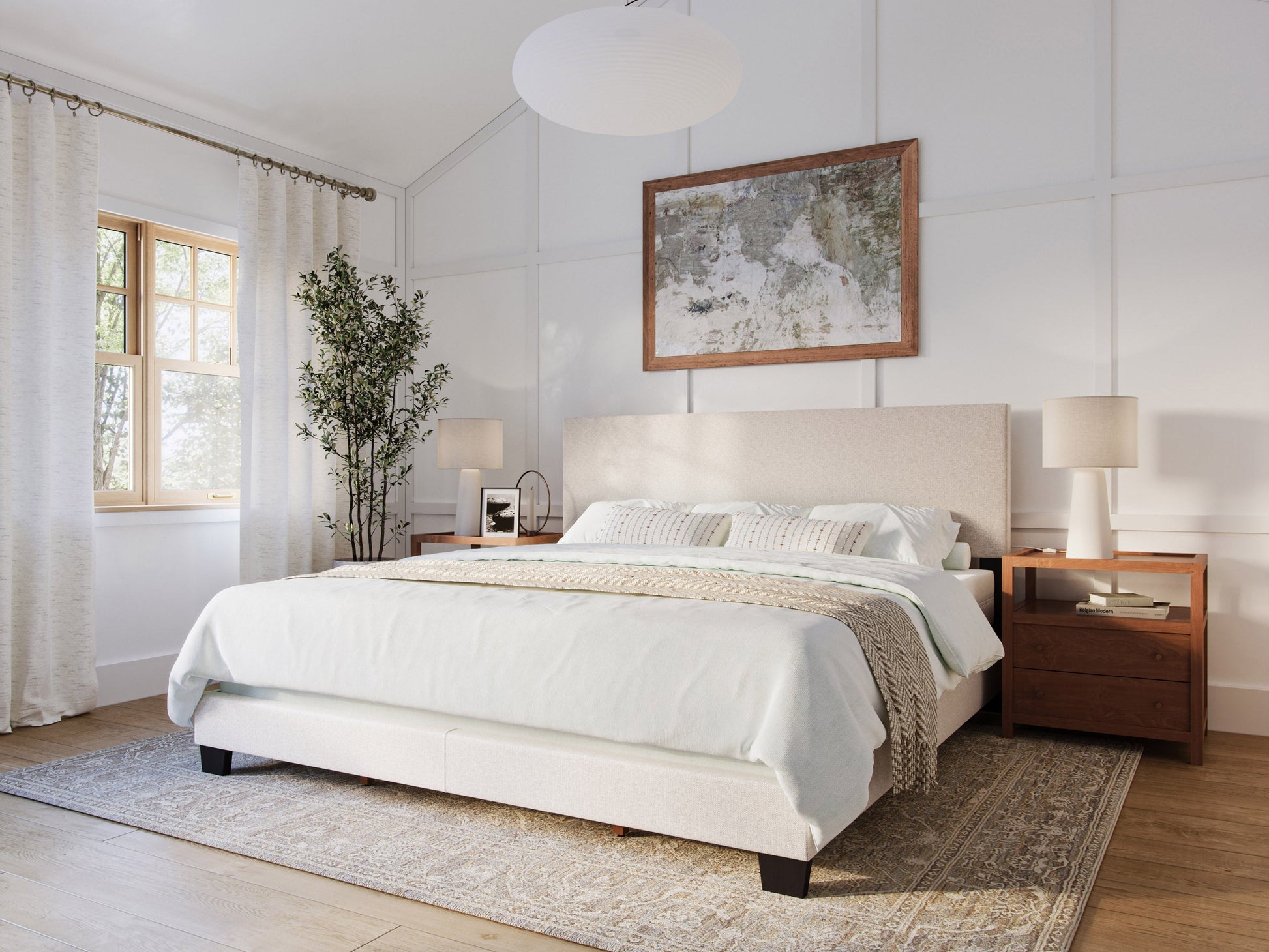 Beige modern king bed with tufted headboard, wooden frame, and sleek design, perfect for contemporary bedrooms.
