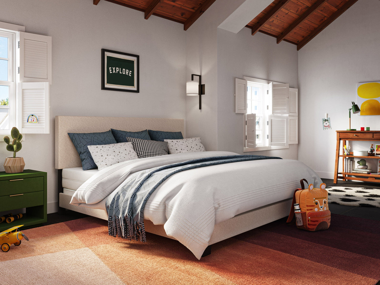 Beige modern king bed with tufted headboard, wooden frame, and sleek design, perfect for contemporary bedrooms.