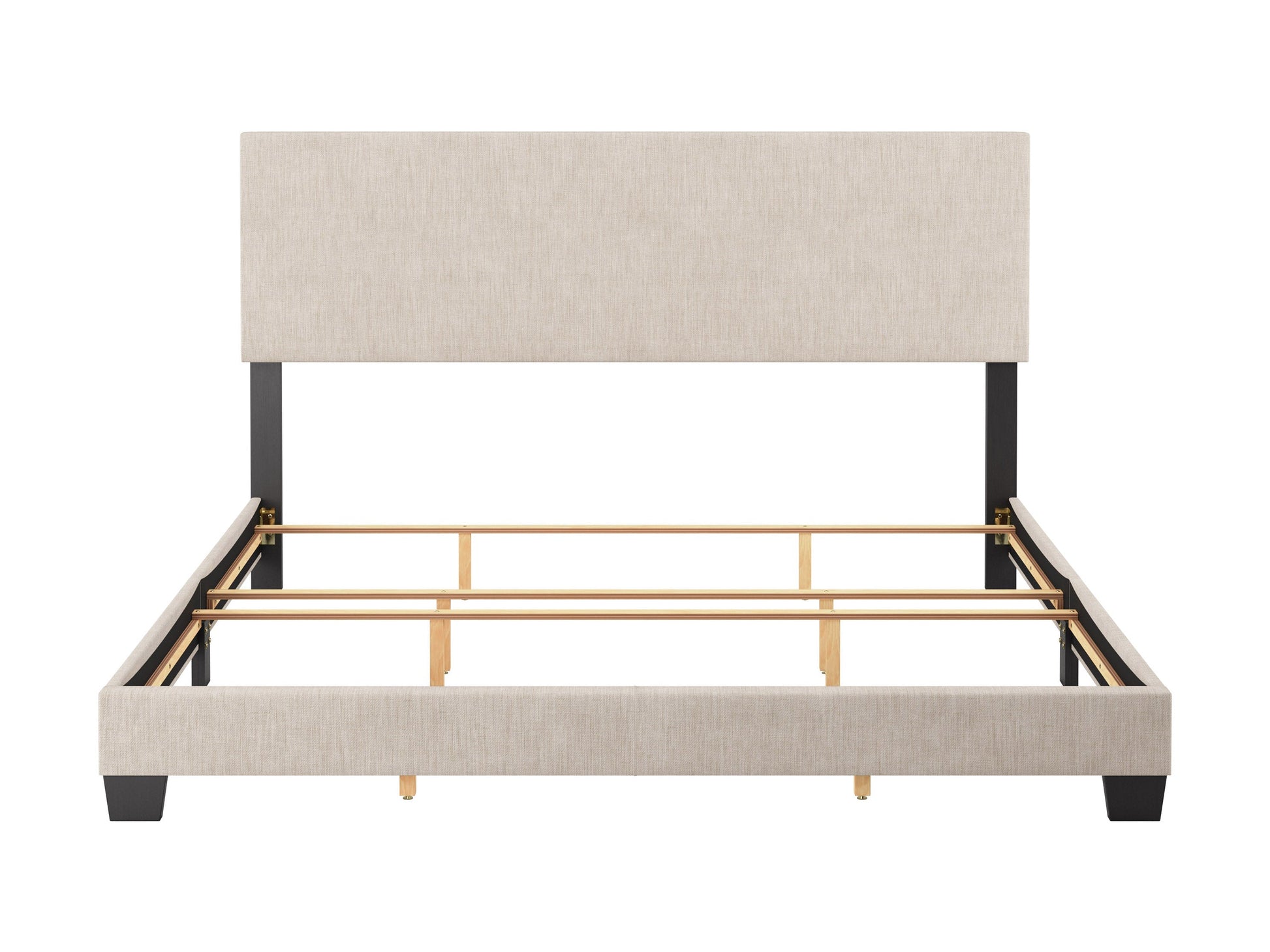 Beige modern king bed with tufted headboard, wooden frame, and sleek design, perfect for contemporary bedrooms.