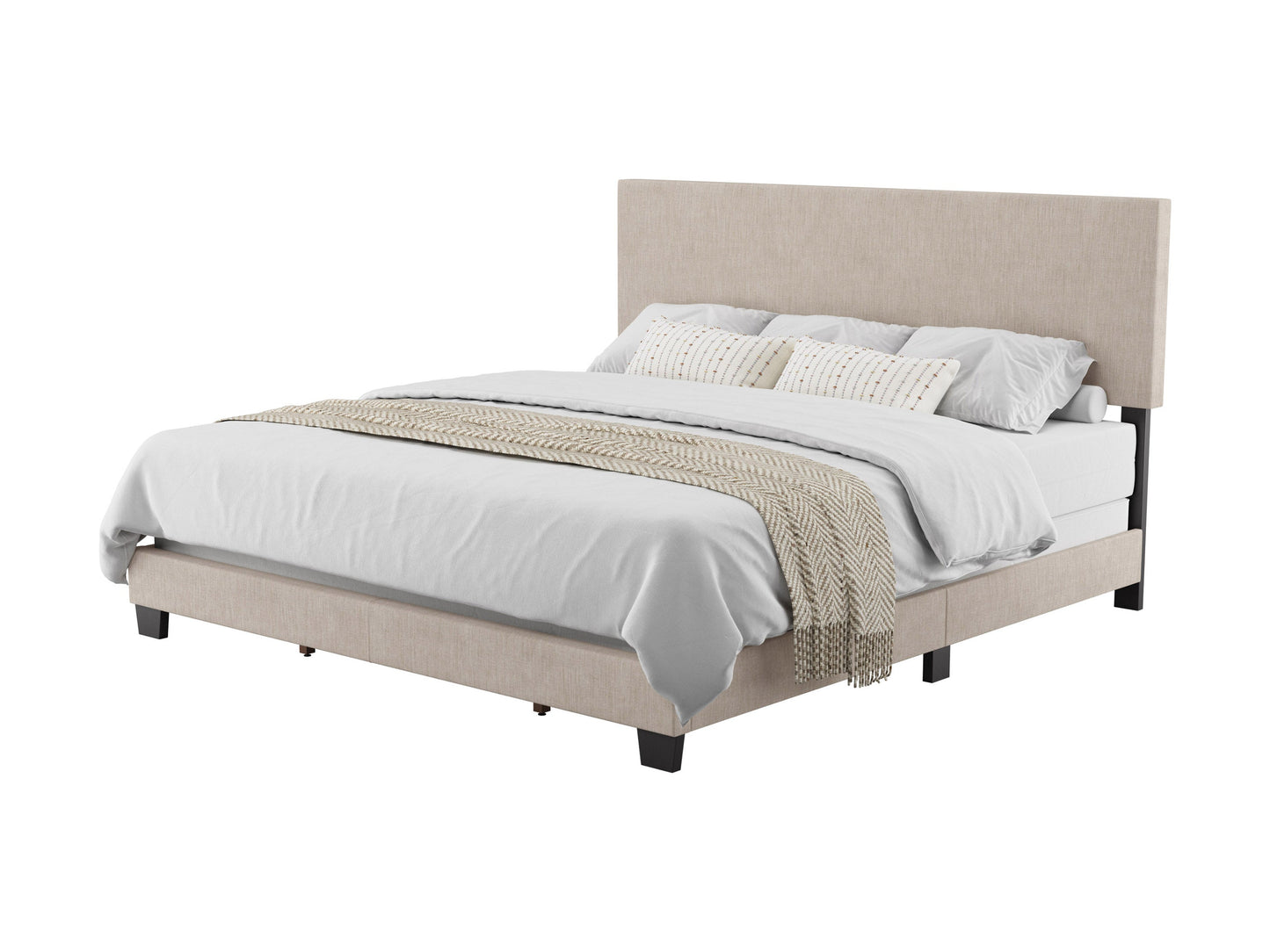 Beige modern king bed with tufted headboard, wooden frame, and sleek design, perfect for contemporary bedrooms.