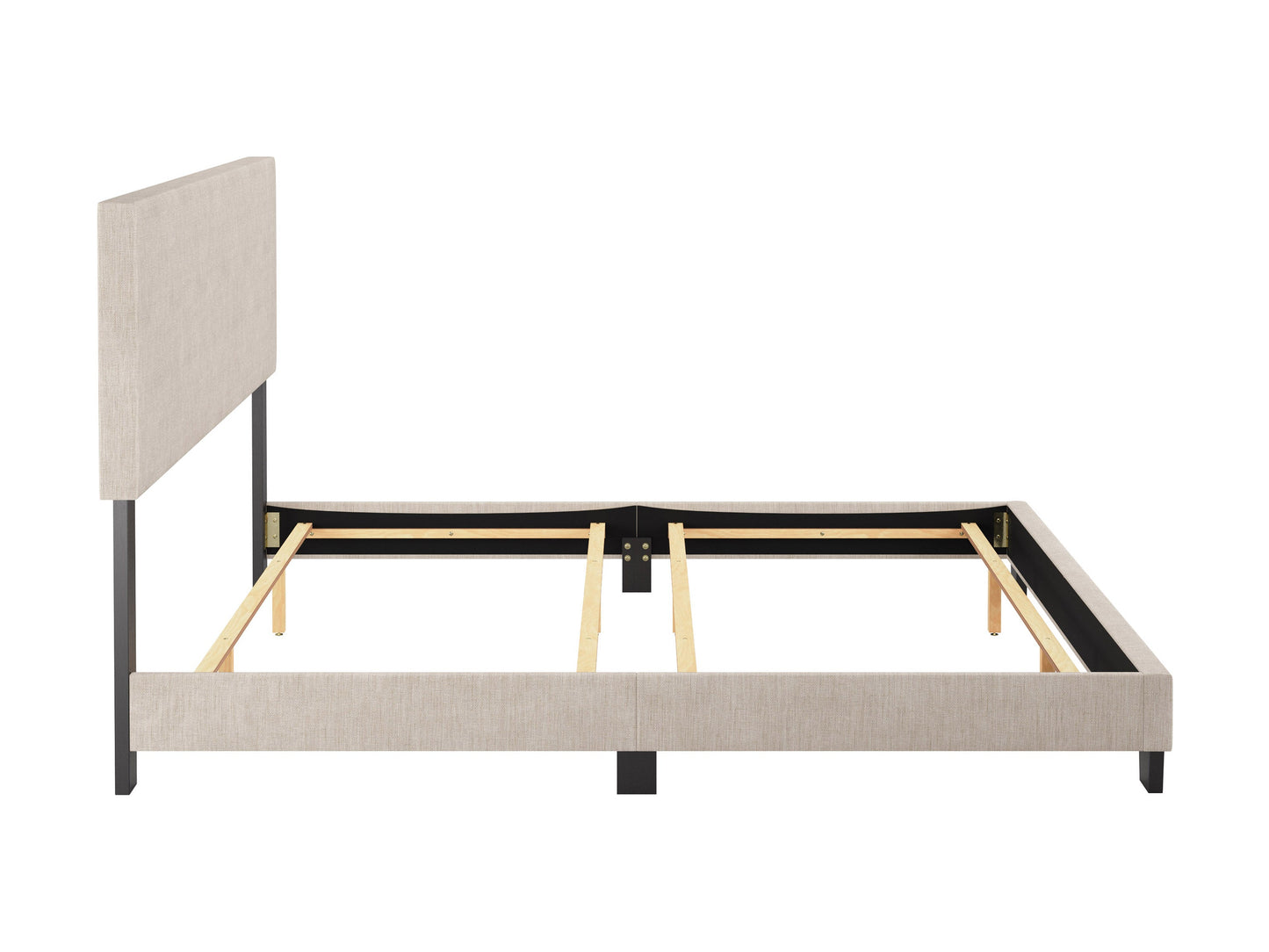 Beige modern king bed with tufted headboard, wooden frame, and sleek design, perfect for contemporary bedrooms.