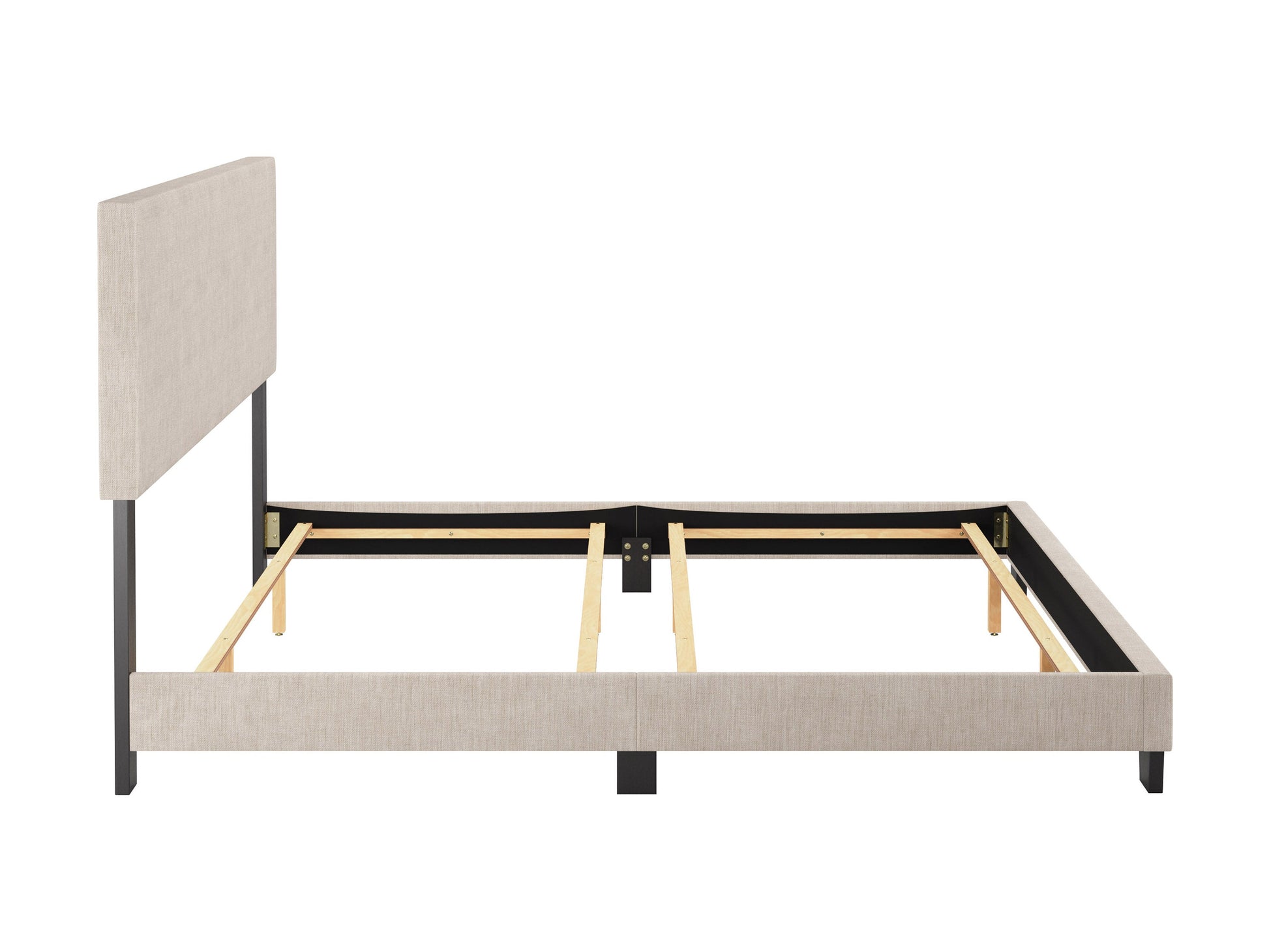 Beige modern king bed with tufted headboard, wooden frame, and sleek design, perfect for contemporary bedrooms.