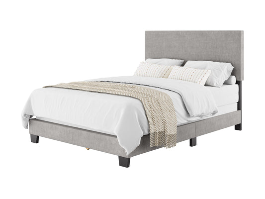 Light grey modern full/double bed with tufted headboard, upholstered fabric, and wooden legs. Ideal for contemporary bedrooms, offering comfort and style.