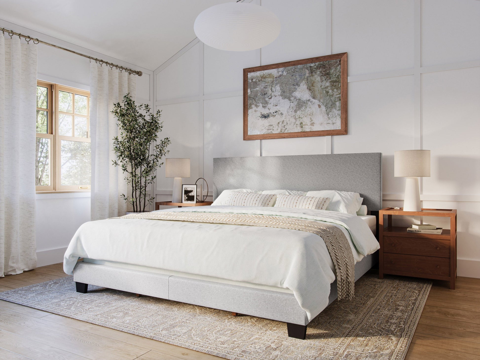 Light grey modern king bed with tufted headboard, upholstered fabric, and sleek wooden legs, perfect for contemporary bedroom decor.