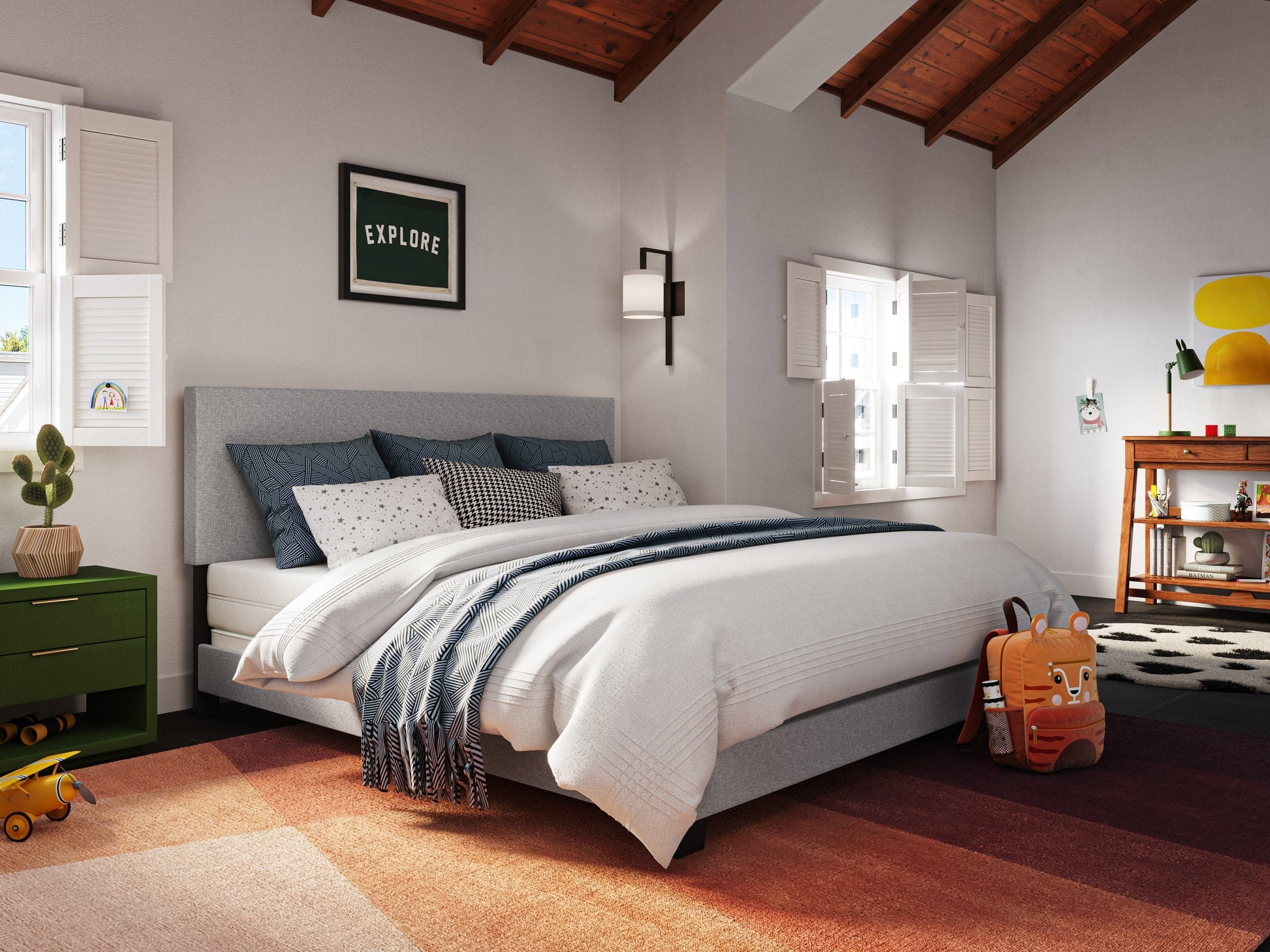 Light grey modern king bed with tufted headboard, upholstered fabric, and sleek wooden legs, perfect for contemporary bedroom decor.