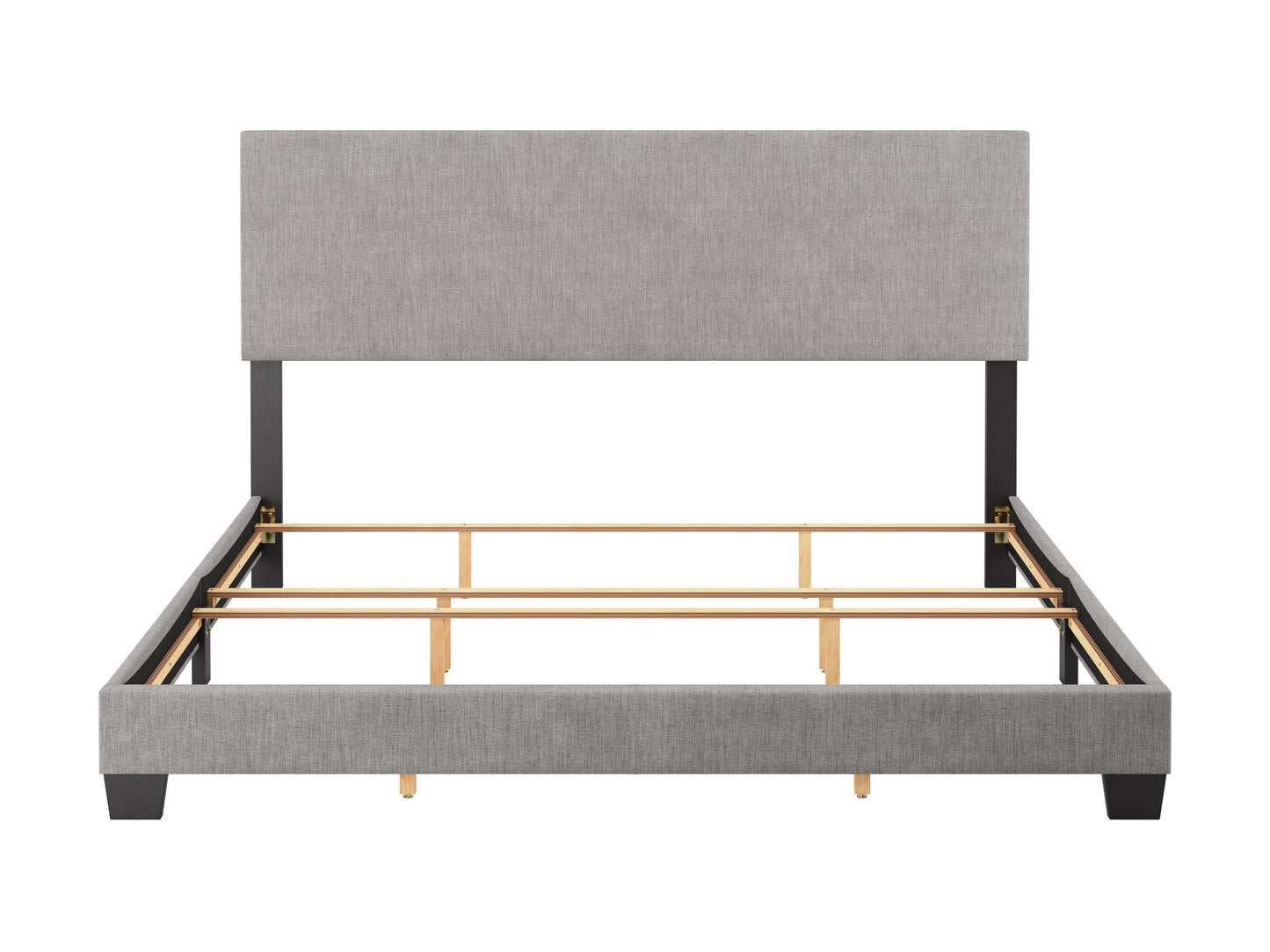 Light grey modern king bed with tufted headboard, upholstered fabric, and sleek wooden legs, perfect for contemporary bedroom decor.