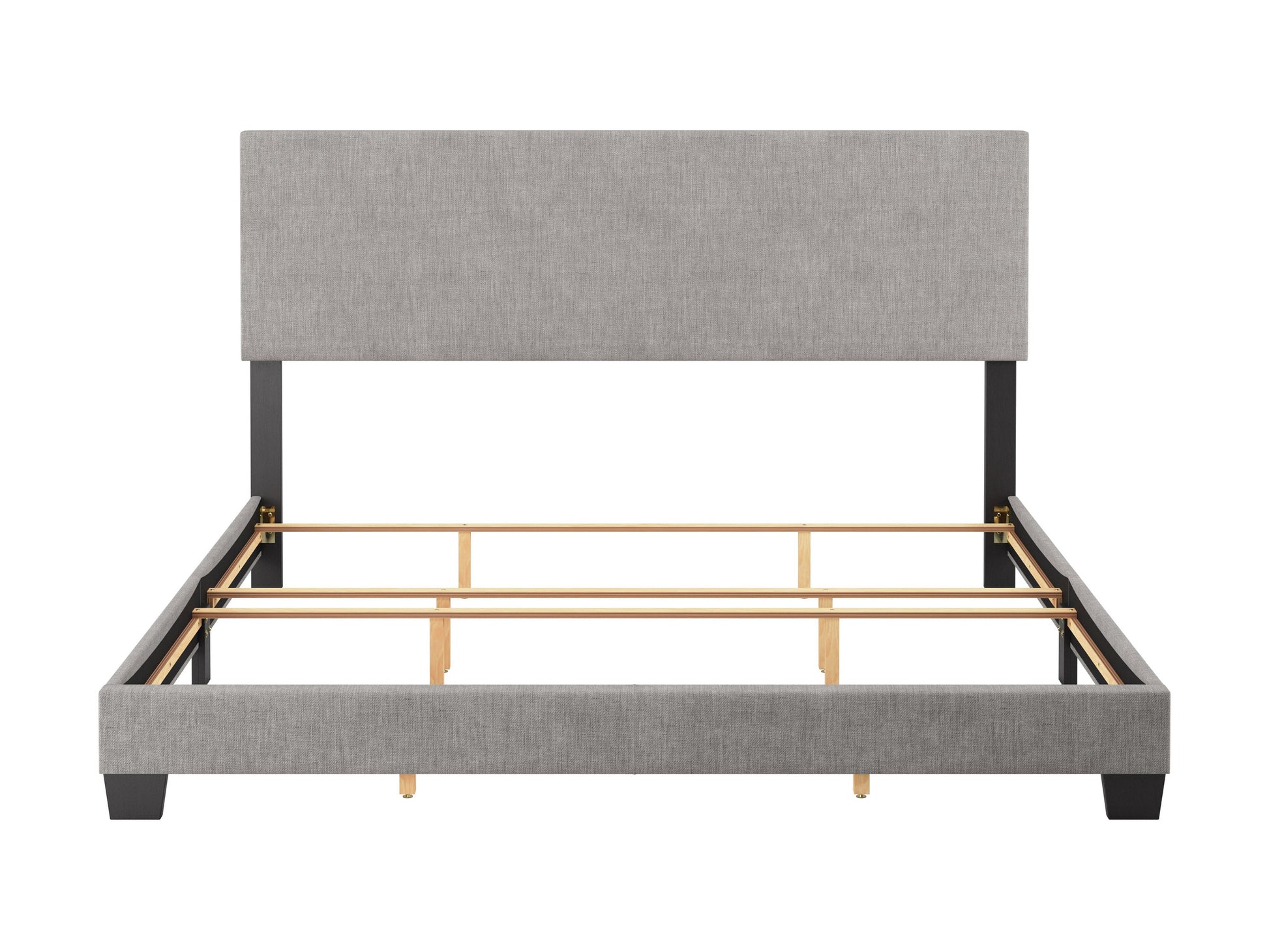 Light grey modern king bed with tufted headboard, upholstered fabric, and sleek wooden legs, perfect for contemporary bedroom decor.